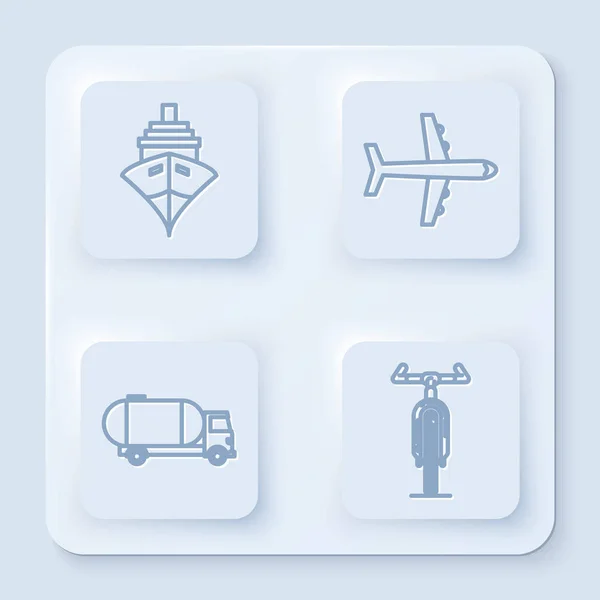 Набор линии Грузовой корабль, самолет, грузовик танкера и велосипед. Белая квадратная кнопка Вектор — стоковый вектор
