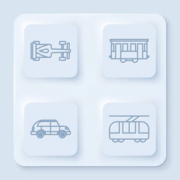 Set lijn Formule race auto, Oude stad tram, Hatchback auto en tram en spoorlijn. Witte vierkante knop. Vector — Stockvector