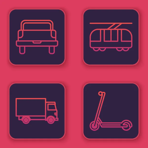 Hattı kurun, kamyonet, kargo kamyonu, tramvay, tren ve scooter. Mavi kare düğme. Vektör — Stok Vektör