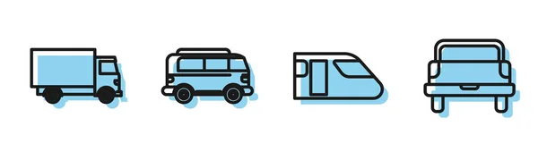 Ställ in linje Tåg, Leverans lastbil fordon, Retro minibuss och Pickup lastbil ikon. Vektor — Stock vektor