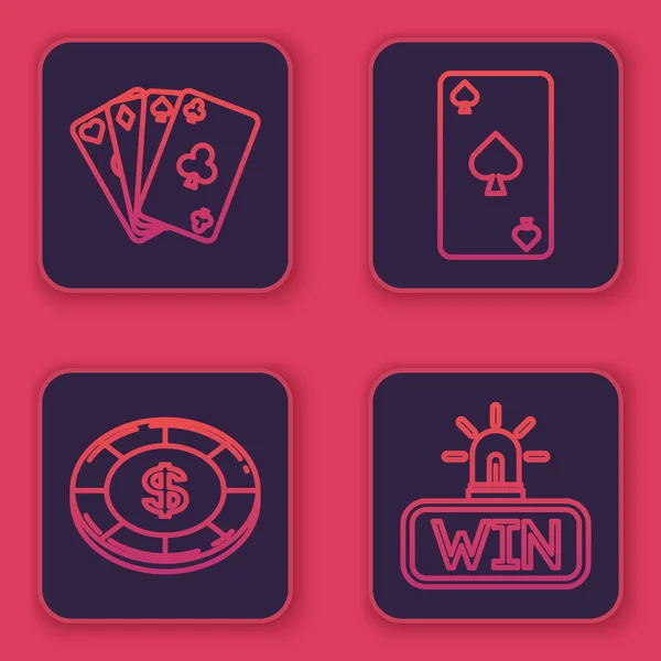 Ställ in linje Spela kort, Kasino chip med dollar symbol, Spela kort med spader symbol och Kasino vinna. Blå fyrkantig knapp. Vektor — Stock vektor