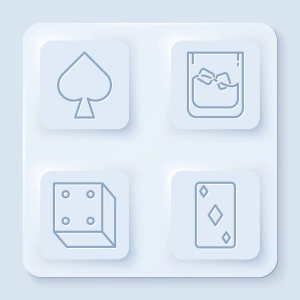 Establezca la línea de juego de cartas con el símbolo de espadas, vaso de whisky y cubitos de hielo, dados de juego y carta de juego con el símbolo de diamantes. Botón cuadrado blanco. Vector — Archivo Imágenes Vectoriales