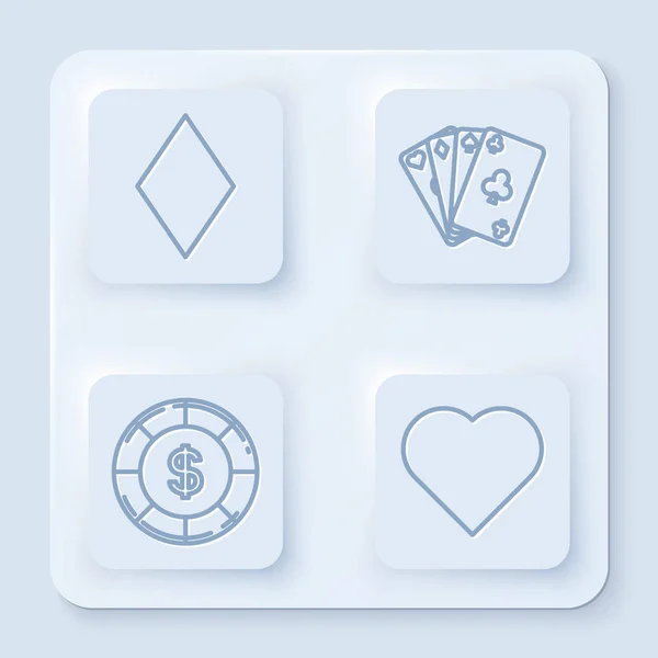 设置线形扑克牌与钻石符号，扑克牌，赌场芯片与美元符号和扑克牌与心脏符号。 白色正方形按钮。 B.病媒 — 图库矢量图片