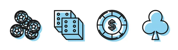 Set Line Casino Chip mit Dollar-Symbol, Casino-Chips, Spielwürfel und Spielkarte mit Club-Symbol-Symbol. Vektor — Stockvektor