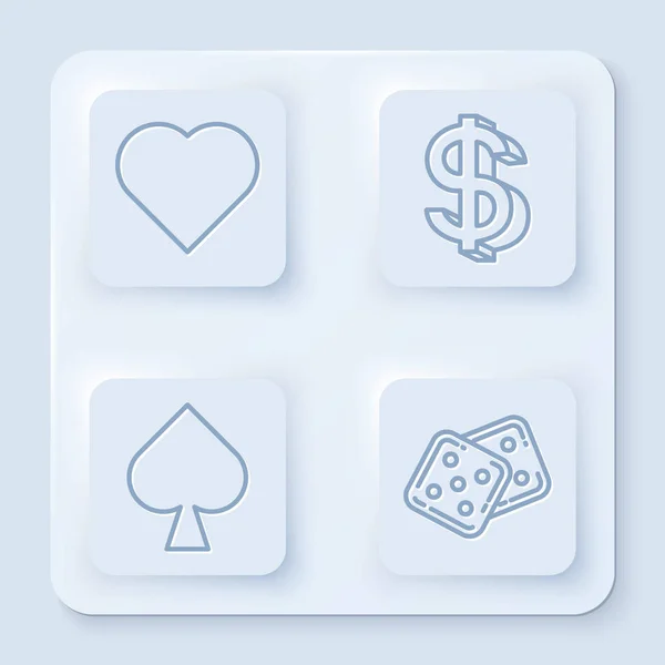 Establezca la línea de juego de cartas con el símbolo del corazón, símbolo del dólar, jugando a las cartas con el símbolo de espadas y dados del juego. Botón cuadrado blanco. Vector — Vector de stock