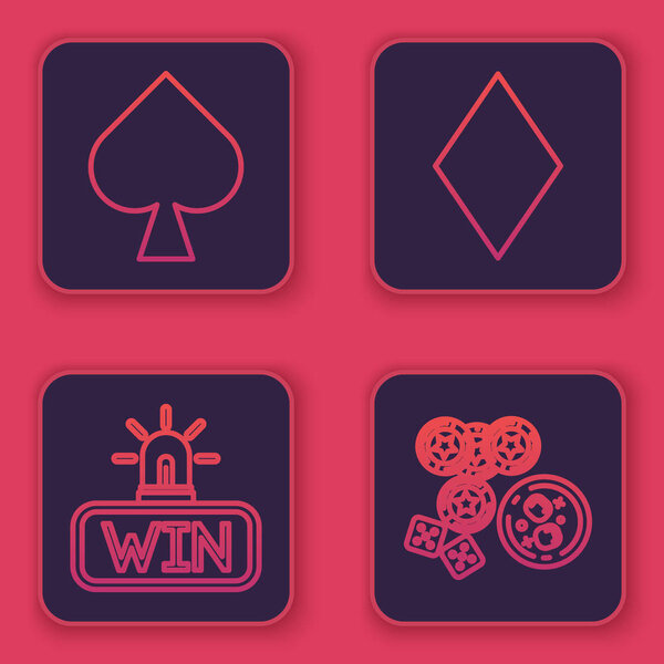 Игральная карта с пиками, выигрыш казино, игральная карта с бриллиантами и фишками казино, игровые кости и стакан виски с кубиками льда. Синяя квадратная кнопка. Вектор

