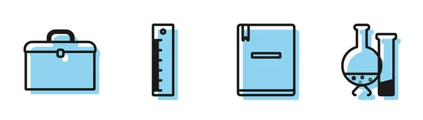 Set line Notebook, Briefcase, Ruler and Test tube and flask chemical laboratory test icon. Vector — ストックベクタ