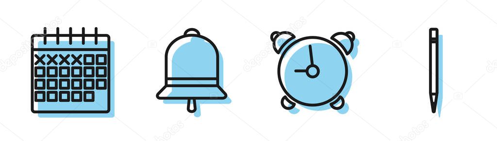 Set line Alarm clock, Calendar, Ringing bell and Pencil with eraser icon. Vector