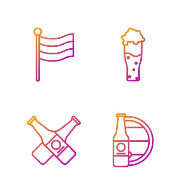 Çizgili bira şişesi ve tahta fıçı, çapraz bira şişesi, Ulusal Almanya bayrağı ve bir bardak bira. Renk simgeleri. Vektör