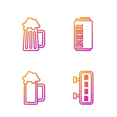 Çizgi sokak tabelasını, yazıtlı bira, bir bardak bira, tahta bira kupası ve bira kutusuyla ayarla. Renk simgeleri. Vektör
