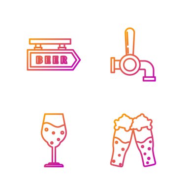 Bir bardak bira, bir bardak bira, yazıtlı sokak tabelası ve bira musluğu. Renk simgeleri. Vektör