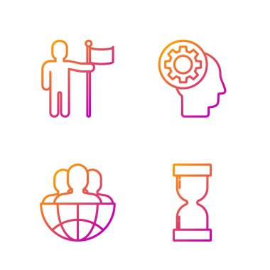 Eski kum saati, dünya ve insanlar, bayrak tutan adam ve içinde teçhizat olan insan kafası. Renk simgeleri. Vektör