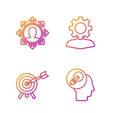 Ampulle insan kafası, okla hedef, Proje ekibi üssü ve teçhizatlı İnsan. Renk simgeleri. Vektör