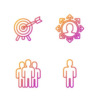 Takım elbiseli adam kullanıcısı, kullanıcı grubu, oklu hedef ve proje ekibi üssü. Renk simgeleri. Vektör