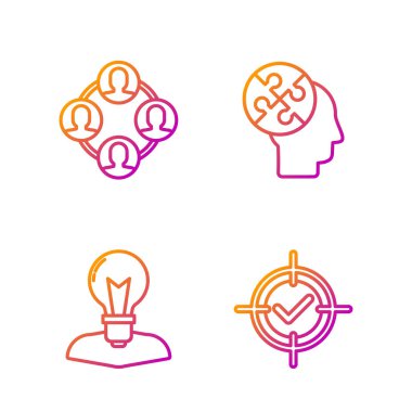 Hedef al ve işaretle, lambalı insan kafası, Proje ekibi üssü ve İnsan kafası bulmaca stratejisi. Renk simgeleri. Vektör