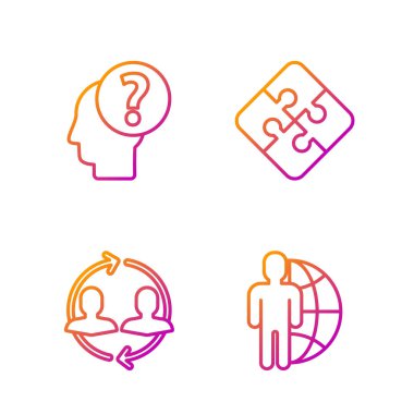 Küre 'yi, insanları, insan kaynaklarını, soru işaretli insan kafasını ve yapboz parçasını ayarla. Renk simgeleri. Vektör