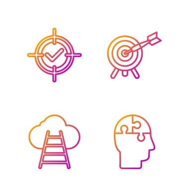 İnsan kafası bulmaca stratejisini belirle, Merdiven buluta, hedef al, işaretle ve okla hedef al. Renk simgeleri. Vektör