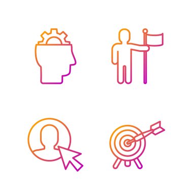 Hedefi okla belirle, takım elbiseli adam kullanıcısı, teçhizatlı insan ve bayrak tutan adam. Renk simgeleri. Vektör