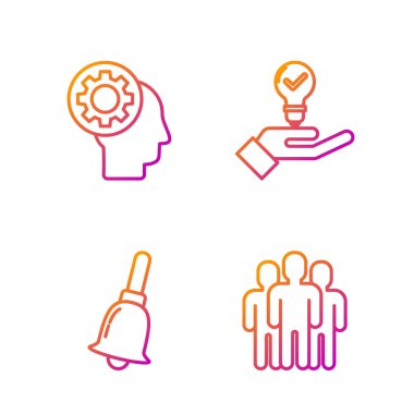 Hat kullanıcı grubu, zil, insan kafası, içinde ekipman ve elinde ampul var. Renk simgeleri. Vektör