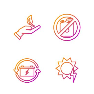 Güneş enerjisi paneli, geri dönüşüm sembollü pil, çevre korumasının yanında filizlenme ve benzin tüpü yok. Renk simgeleri. Vektör