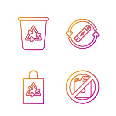 Hattı ayarla. Benzin için kutu yok, geri dönüşümlü plastik torba, geri dönüşüm sembollü geri dönüşüm kutusu ve geri dönüşüm sembollü pil. Renk simgeleri. Vektör