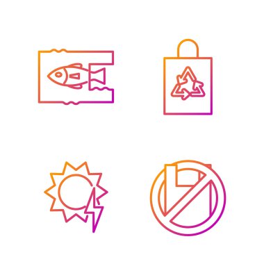 Plastik poşet posterine, güneş enerjisi paneline, okyanus plastik kirliliğine ve geri dönüşümlü plastik torbaya hayır de. Renk simgeleri. Vektör