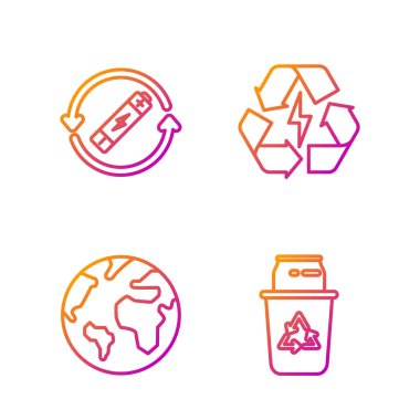 Çizgi Geri Dönüşüm kutusunu geri dönüşüm sembolü ve kutusuyla, Dünya küresi, geri dönüşüm sembolü olan pili ve geri dönüşüm sembolü olan pili ayarla. Renk simgeleri. Vektör