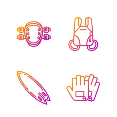 Çizgi, eldiven, sörf tahtası, dizlikler ve paraşüt. Renk simgeleri. Vektör