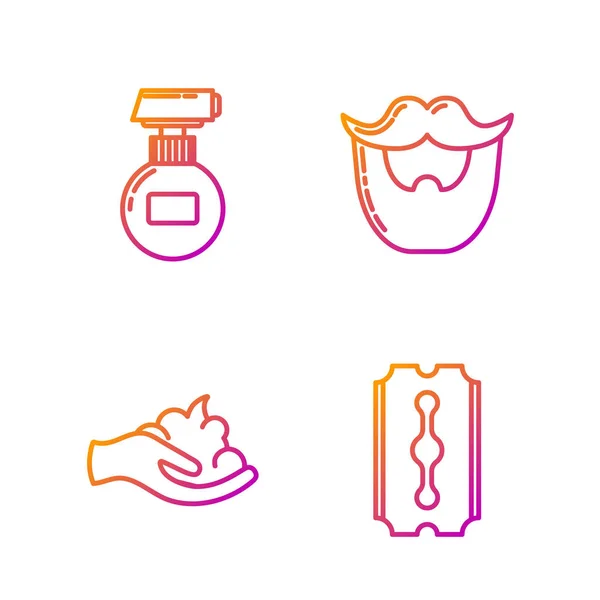 Set line Blade razor, Shaving gel foam on hand, Cream or lotion cosmetic tube and Mustache and beard. Gradient color icons. Vector — Stock Vector