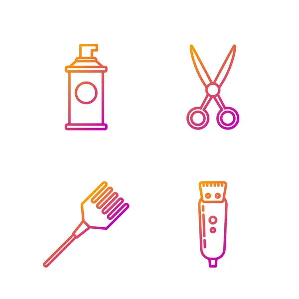 Set line Cortadora de cabello eléctrica o afeitadora, Cepillo de pelo, Gel de afeitar espuma y Tijeras peluquería. Iconos de color degradado. Vector — Archivo Imágenes Vectoriales