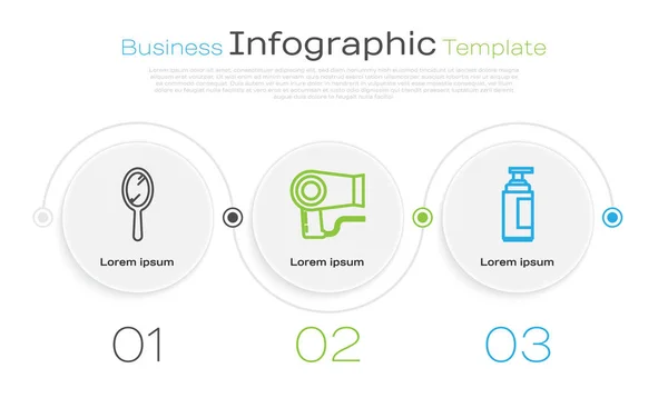 Set line Miroir à main, sèche-cheveux et tube cosmétique crème ou lotion. Modèle d'infographie d'entreprise. Vecteur — Image vectorielle