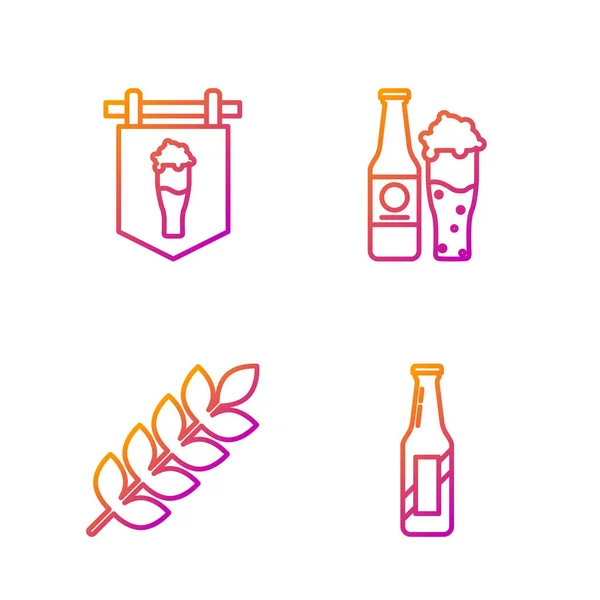 Set line Beer bottle, Cereals set with rice, wheat, corn, oats, rye, barley, Street signboard with glass of beer and Beer bottle and glass. Gradient color icons. Vector — Stock Vector