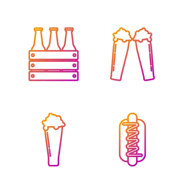 Set line Sandwich Hotdog con mostaza, vaso de cerveza, paquete de botellas de cerveza y vaso de cerveza. Iconos de color degradado. Vector — Vector de stock