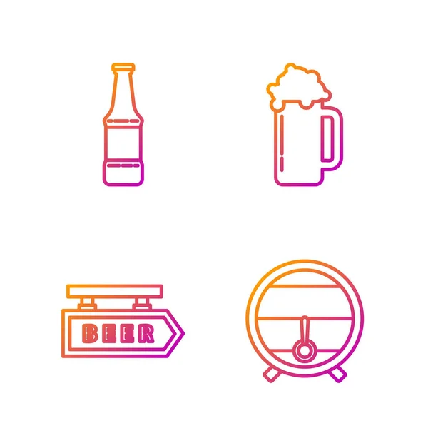 Σετ γραμμή Ξύλινη κάννη σε σχάρα με stopcock, Street signboard με επιγραφή Μπύρα, Μπύρα μπουκάλι και ποτήρι μπύρα. Κλιμακωτές έγχρωμες εικόνες. Διάνυσμα — Διανυσματικό Αρχείο