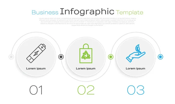 Definir linha Bateria, saco de plástico com reciclagem e broto na mão de proteção ambiental. Modelo de infográfico de negócios. Vetor — Vetor de Stock