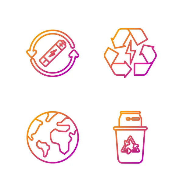 Définir la ligne Corbeille avec symbole de recyclage et peut, globe terrestre, Batterie avec ligne de symbole de recyclage et Batterie avec symbole de recyclage. Icônes de couleurs dégradées. Vecteur — Image vectorielle