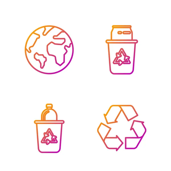 Set line Papierkorb mit Recyclingsymbol, Erdkugel und Papierkorb mit Recyclingsymbol und Dose. Farbverlauf-Symbole. Vektor — Stockvektor