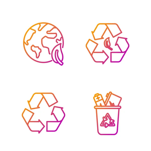 Definir linha Lixeira com símbolo de reciclagem, símbolo de reciclagem, globo terrestre e folha e símbolo de reciclagem e folha. Ícones de cores gradientes. Vetor — Vetor de Stock