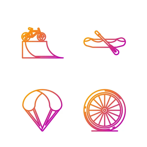 Set line Bicycle wheel, Parachute, Bicycle on street ramp and Rafting boat. Gradient color icons. Vector — Stock Vector