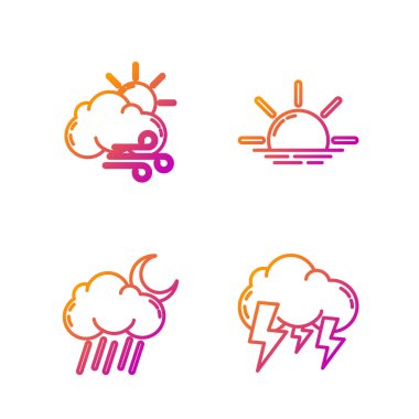 Fırtına, Bulut, yağmur ve ay, rüzgarlı hava ve gün doğumu. Renk simgeleri. Vektör