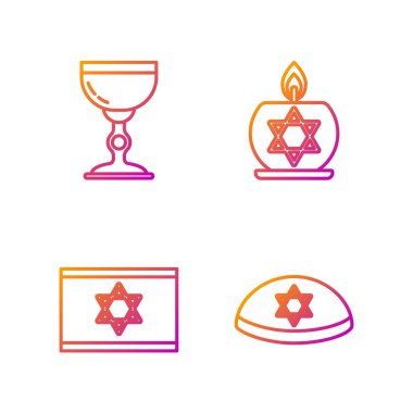 Yahudi kippah 'ı David' in yıldızı, İsrail bayrağı, Yahudi kadehi ve David 'in yıldızıyla şamdanda yanan mum ile belirleyin. Renk simgeleri. Vektör