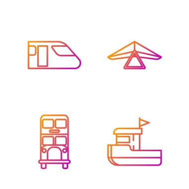 Halat balıkçı teknesi, çift katlı otobüs, tren ve planör. Renk simgeleri. Vektör