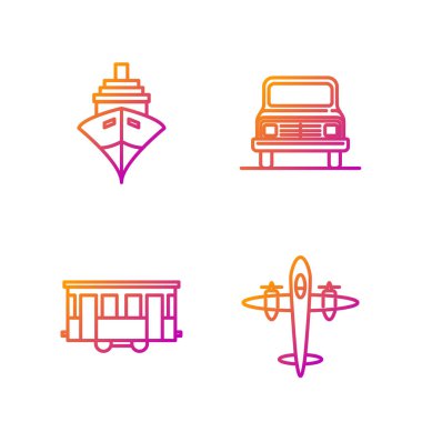 Eski antika uçak, eski tramvay, kargo gemisi ve araba. Renk simgeleri. Vektör