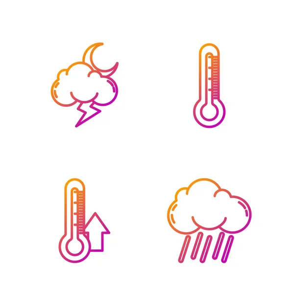 Establecer línea Nube con lluvia, termómetro, tormenta y termómetro. Iconos de color degradado. Vector — Vector de stock