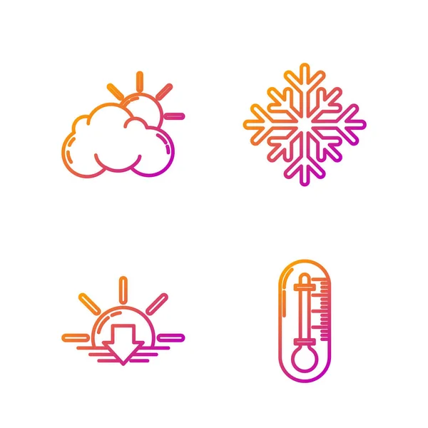 Set line Termometro, Tramonto, Sole e nuvole meteo e fiocco di neve. Icone di colore sfumato. Vettore — Vettoriale Stock