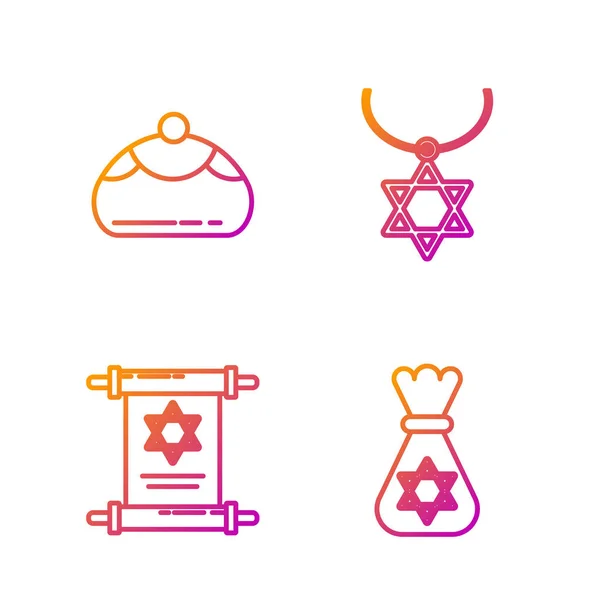 Set line Jewish money bag with star of david, Torah scroll, Jewish sweet bakery and Star of David necklace on chain. Gradient color icons. Vector — Stock Vector