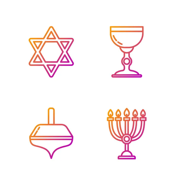 Fixer la ligne Hanoukka menorah, Hanoukka dreidel, étoile de David et gobelet juif. Icônes de couleurs dégradées. Vecteur — Image vectorielle