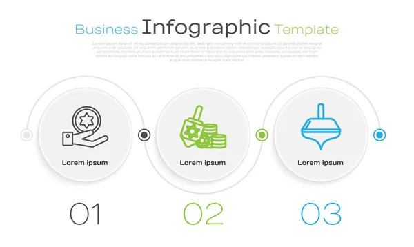 Set line Jewish coin on hand, Hanukkah dreidel and coin and Hanukkah dreidel. Business infographic template. Vector — Stock Vector