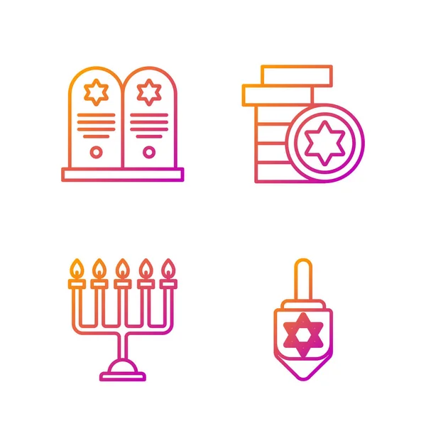 Állítsa be a vonal Hanuka dreidel, Hanuka menorah, Tombstone csillag David és zsidó érme. Gradient színes ikonok. Vektor — Stock Vector