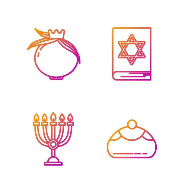 Establecer línea judía dulce panadería, Hanukkah menorah, granada y libro de la Torá judía. Iconos de color degradado. Vector — Vector de stock